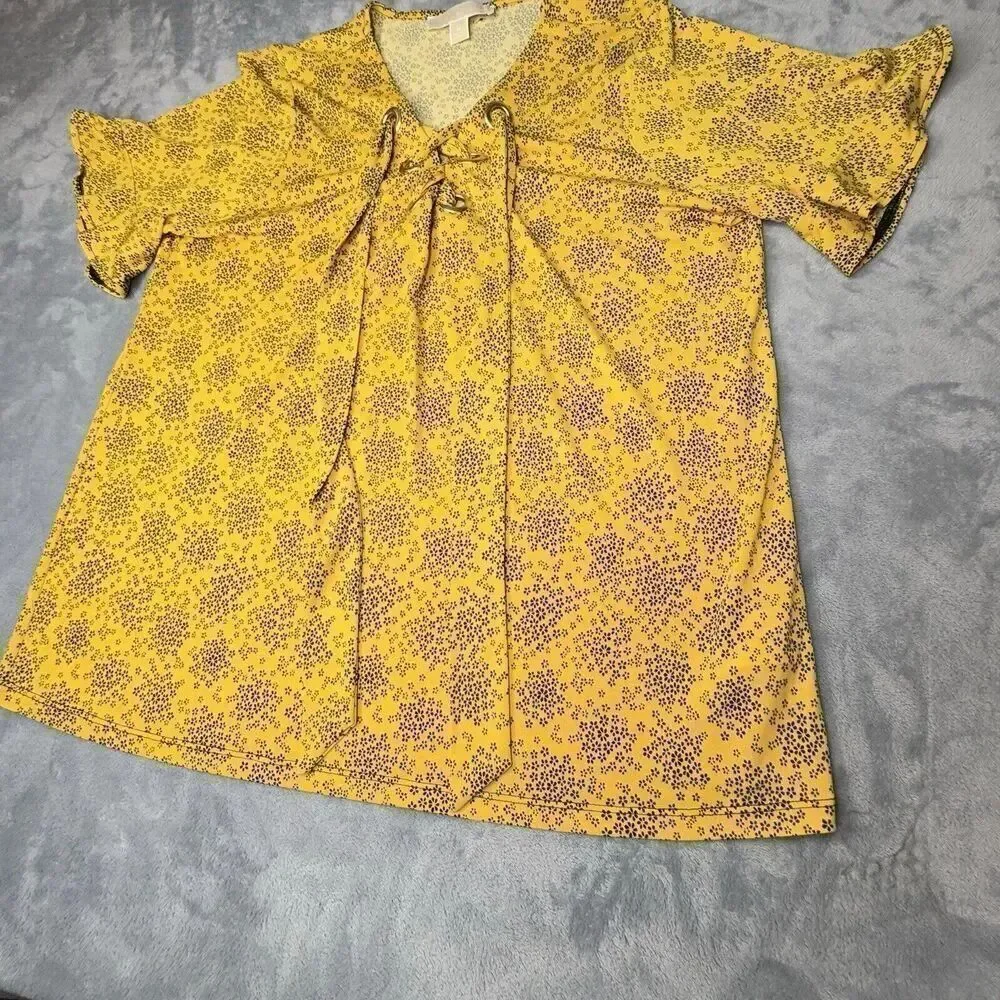 Michael Kors Sz M Floral Tie Flare Sleeve Popover Tunic Blouse Shirt Gold HW